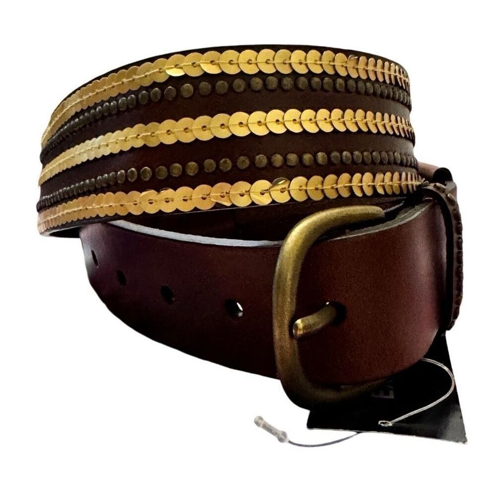 Express Brown Leather Belt Gold Sequins Bronze Studded Vintage NEW Size Small